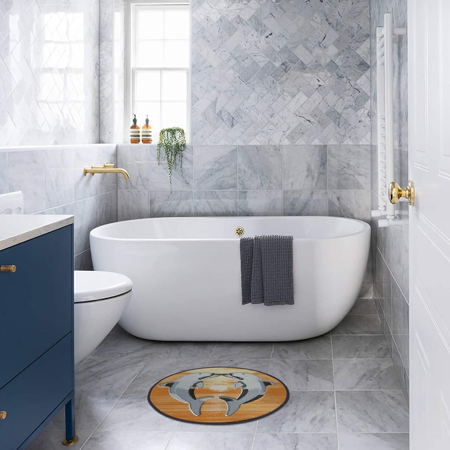 Dundee Deco Dolphin Bathroom Mat 26" x 19" Orange Waterproof NonSlip Quick Dry Rug Bed Bath